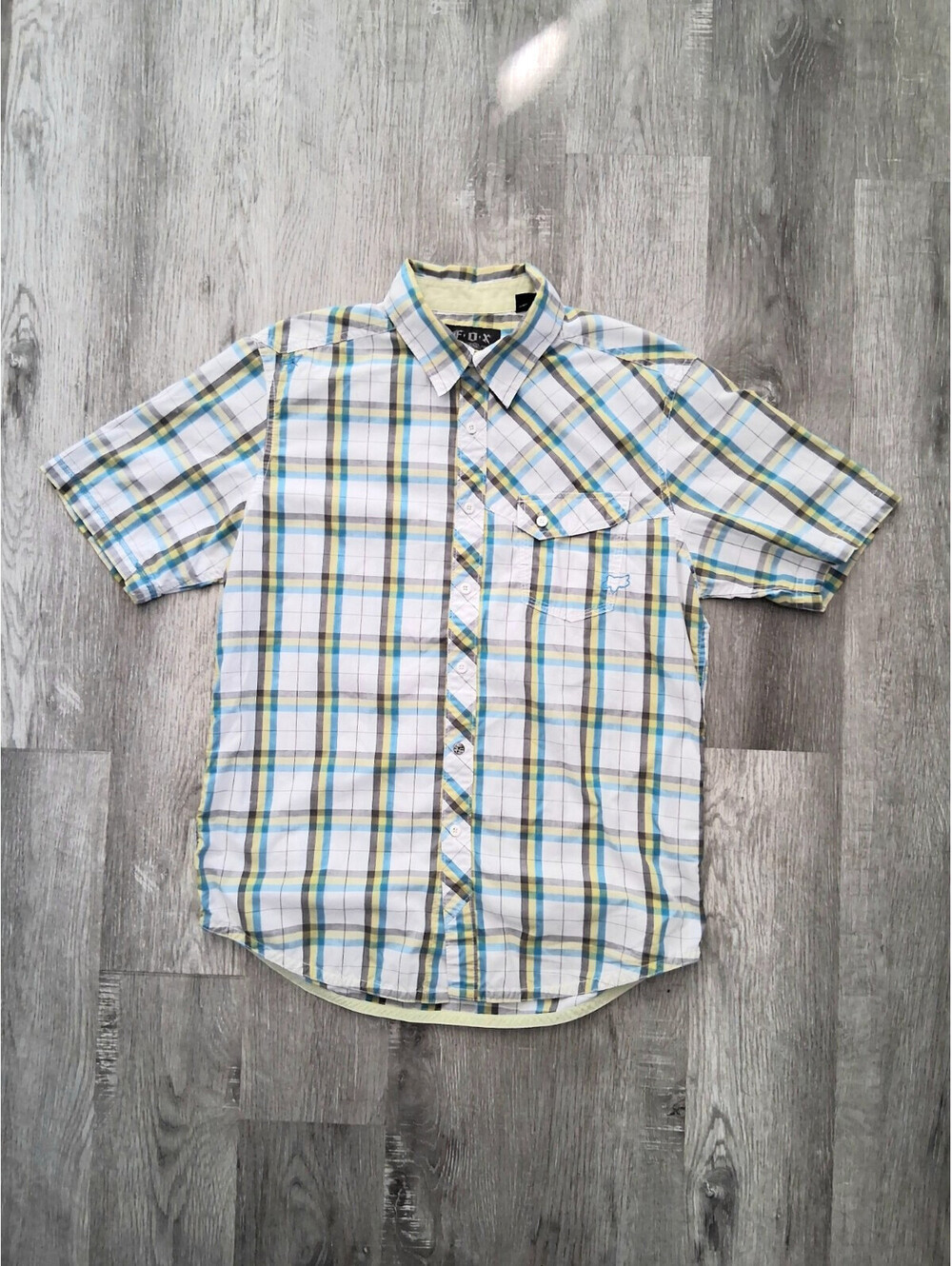Fox Racing Men's Lg White Plaid Moto Y2K Vintage Short Sleeve Button Up Shirt